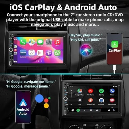 Double Din Car Stereo with CD/DVD Player, 7-Inch Touch Screen, Bluetooth 5.2