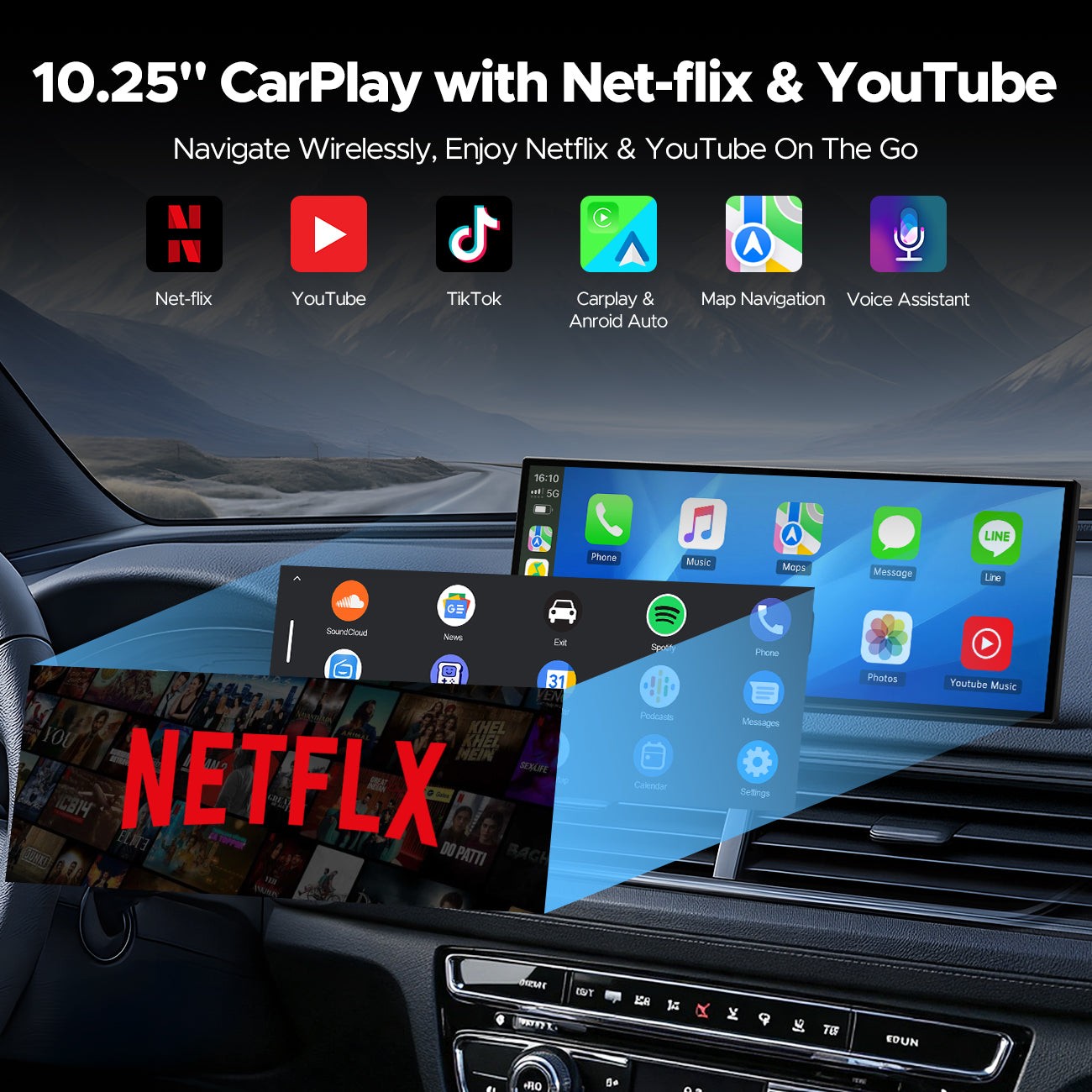 10.25″ Portable Car Stereo Radio Screen AI Box w/ Net-flix YouTube Backup Camera