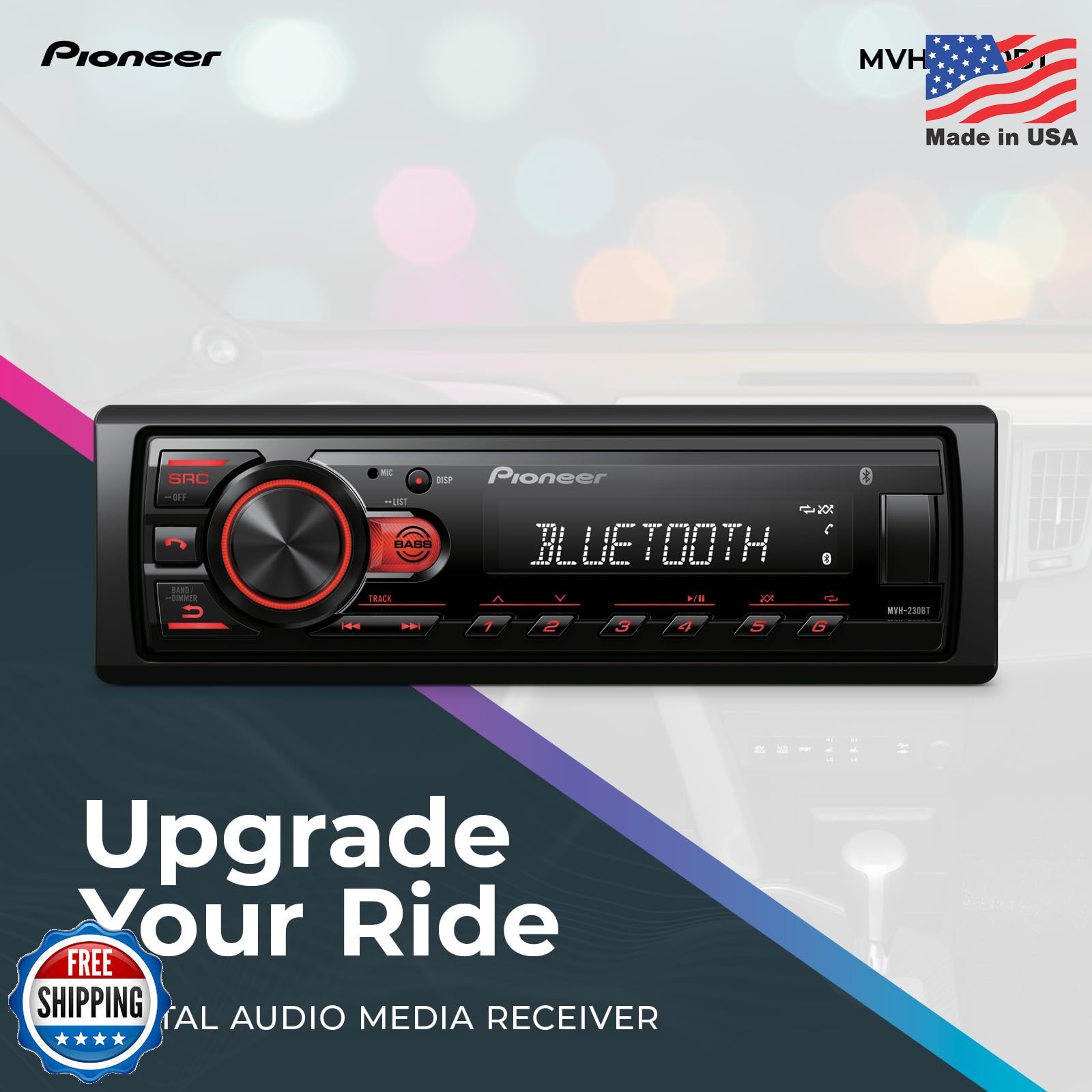 Pioneer MVH-S230BT 1-Din Digital Media Receiver – Bluetooth, USB, 50W x 4 Output