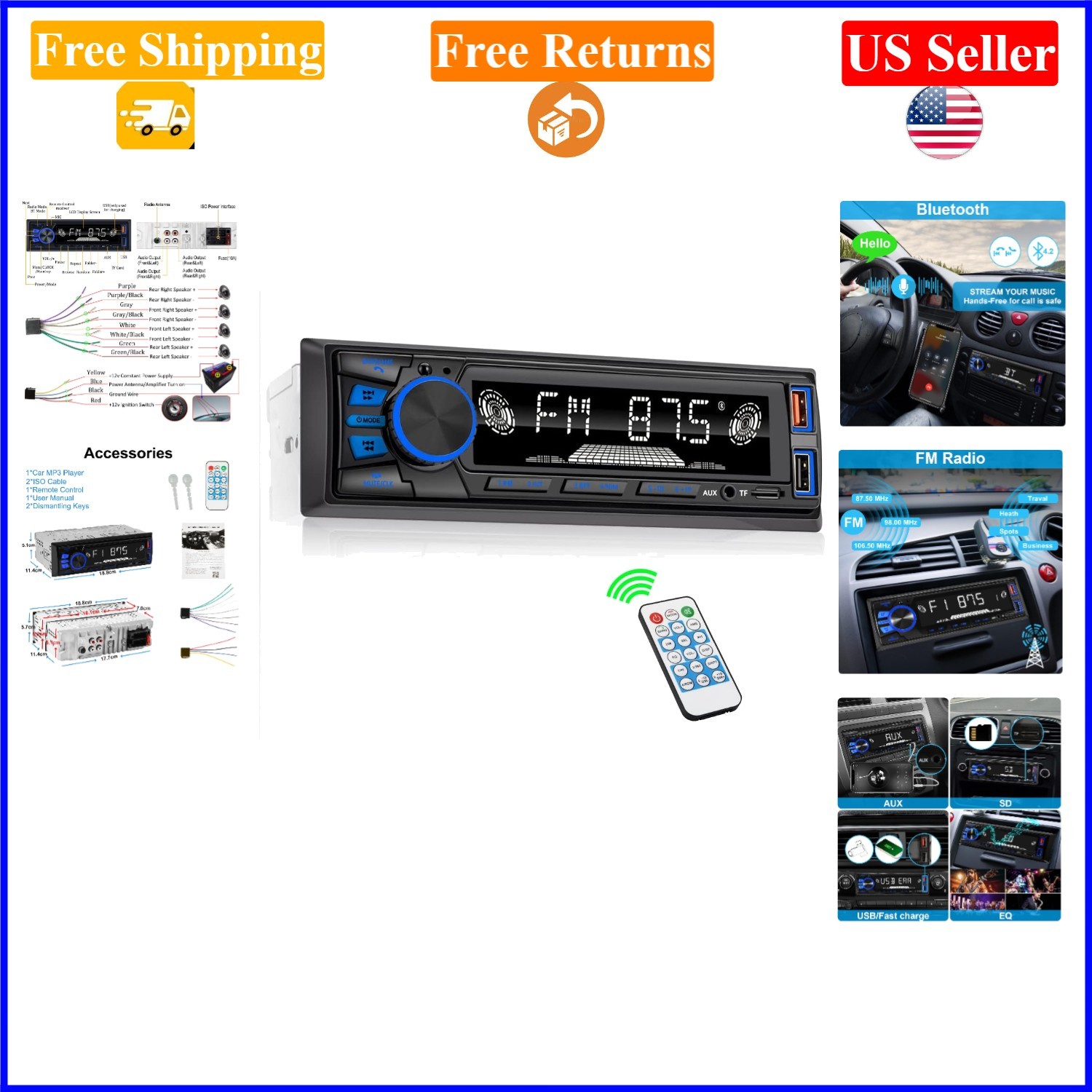 Single DIN Bluetooth Car Stereo Radio with FM, USB, SD, AUX, App Control