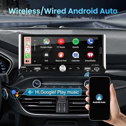 Single Din Car Stereo 6.9″ Touchscreen, Wireless Apple Carplay, Android Auto, Bl