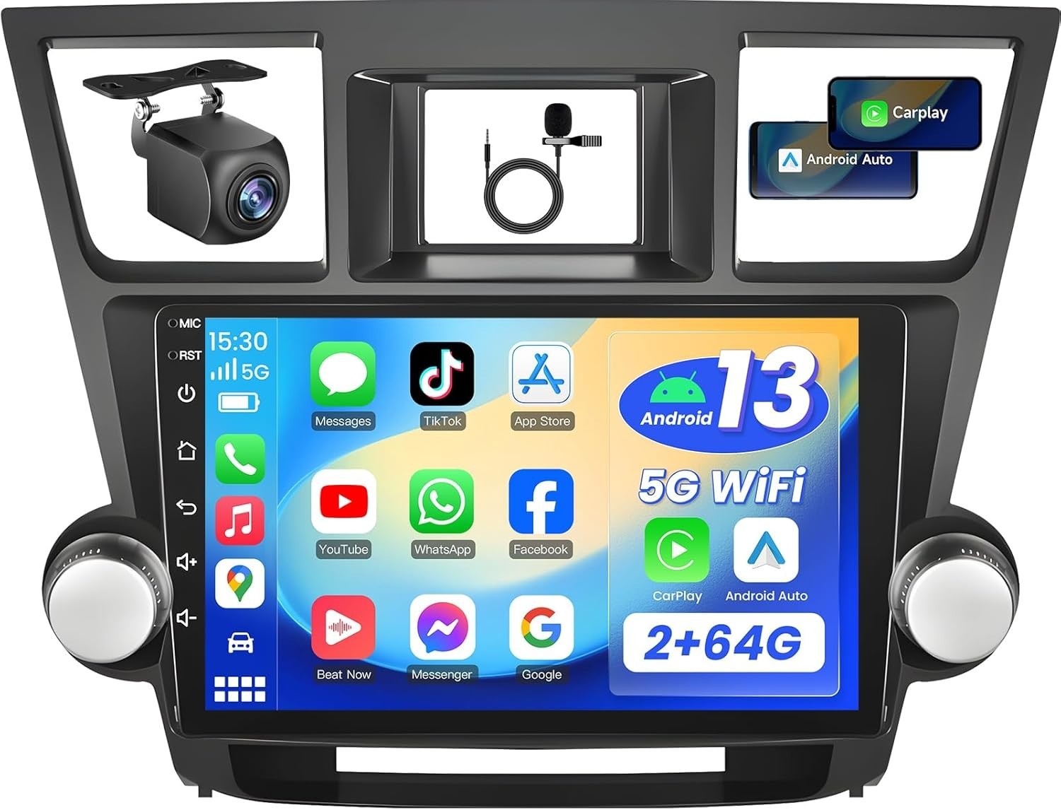Radio Carplay For 2008-2013 Toyota Highlander EQ Cam FM RDS Backup Cam Head Unit