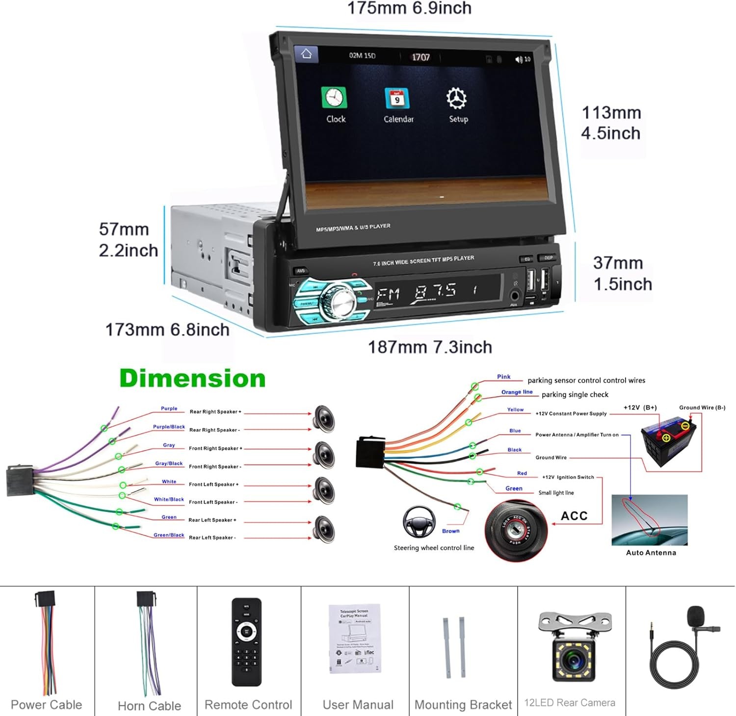 Single 1DIN Car Radio Stereo Touch Screen Bluetooth Flip out MP5 Player Carplay