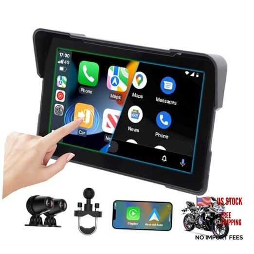 Wireless Motorcycle Carplay and Android Auto, IP67 Waterproof Smart 7″
