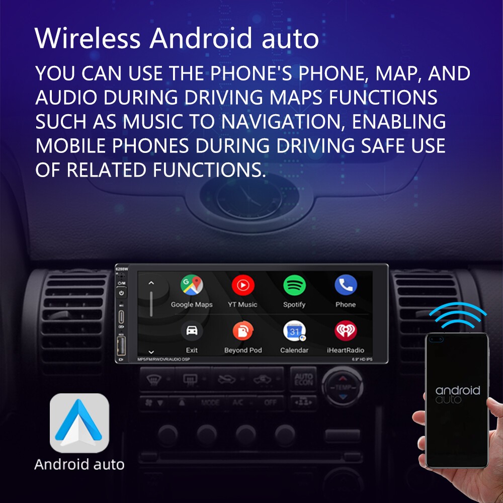 1 Din 6.9″ Car Radio Touch Screen Type-C Charging Wireless Carplay Android BT AM
