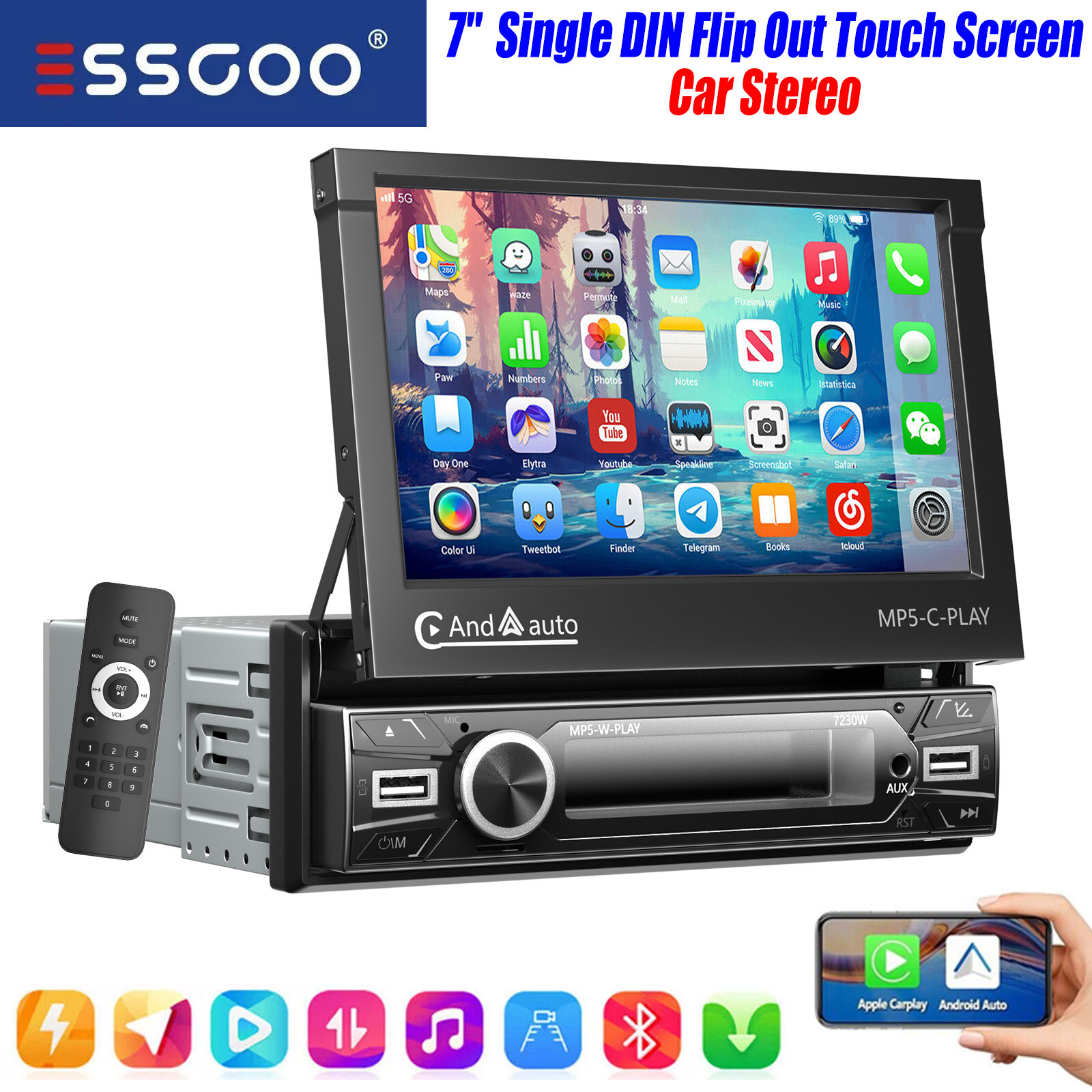 7″ Single 1 DIN Car Stereo Radio Apple CarPlay FM BT USB Flip Out Screen Player