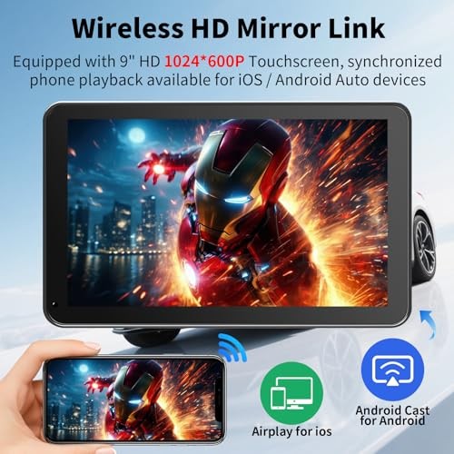 CarPlay Screen for Car, 9” Wireless CarPlay & Android Auto – Smart Black