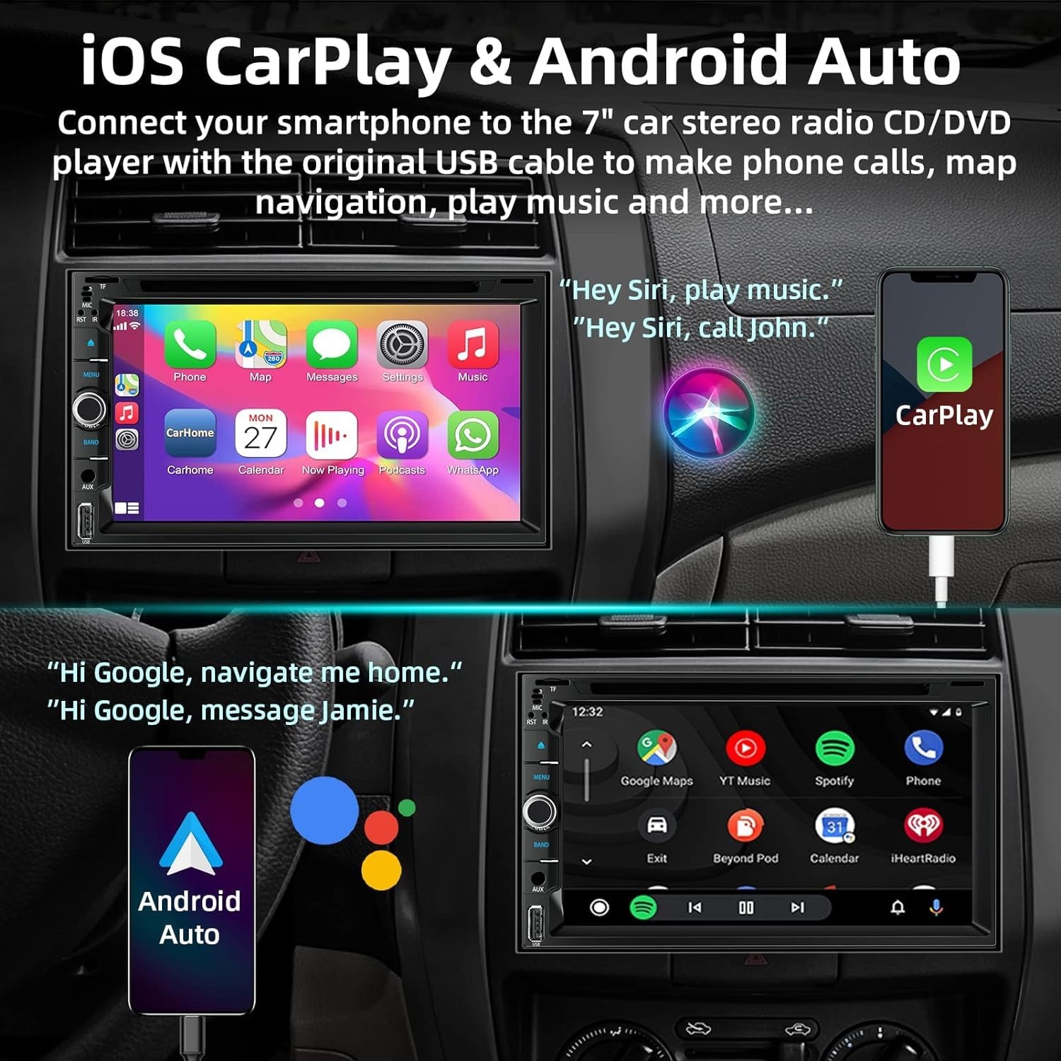 Double Din Car Radio Stereo with 7-Inch Touch Screen, Support CD/DVD Player,W…