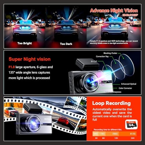 Front 4K Dash Cam 3.6″ Touch Screen Rear 1080P Loop Recorder WiFi 64GB IPS Touch