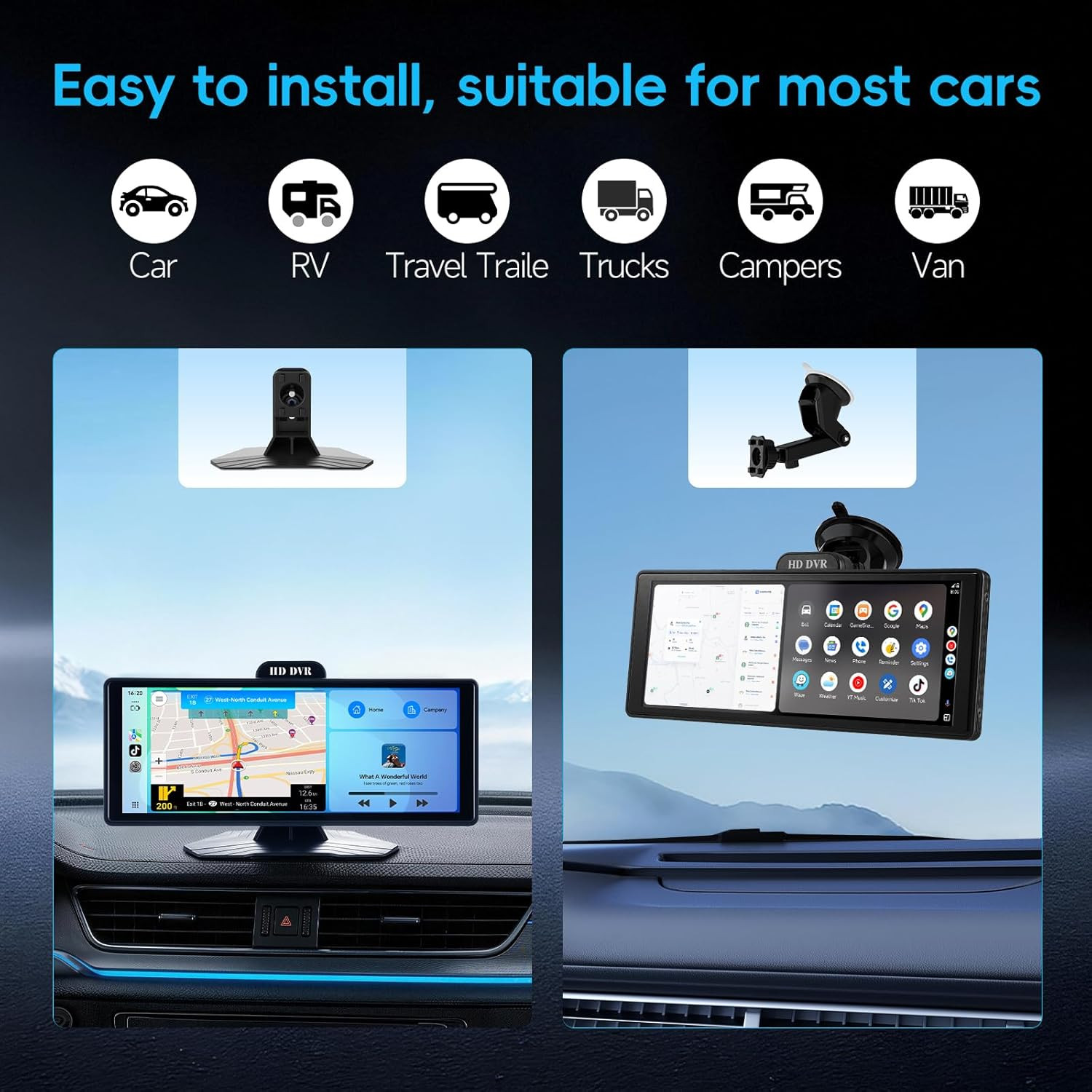 10.26″ Portable Wireless Carplay & Android Auto Display with Dash Cam & Backup C