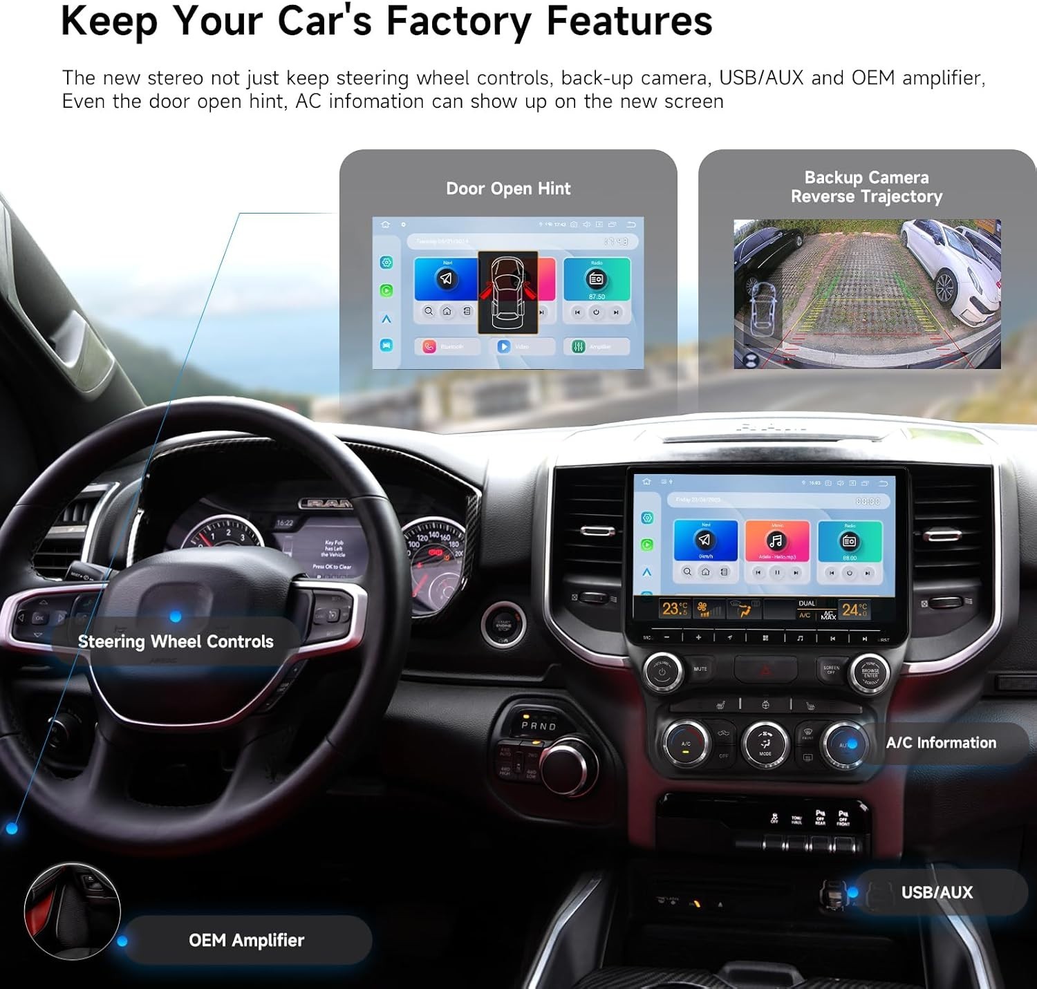 Dasaita 10.2″ Android Car Radio for Dodge Ram 1500 2500 3500 2019-22 (Auto AC)