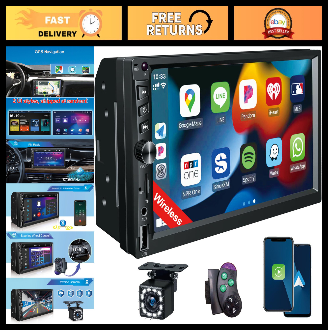 7-Inch Wireless Double Din Car Stereo – Apple CarPlay, Bluetooth 5.1, GPS, Backu