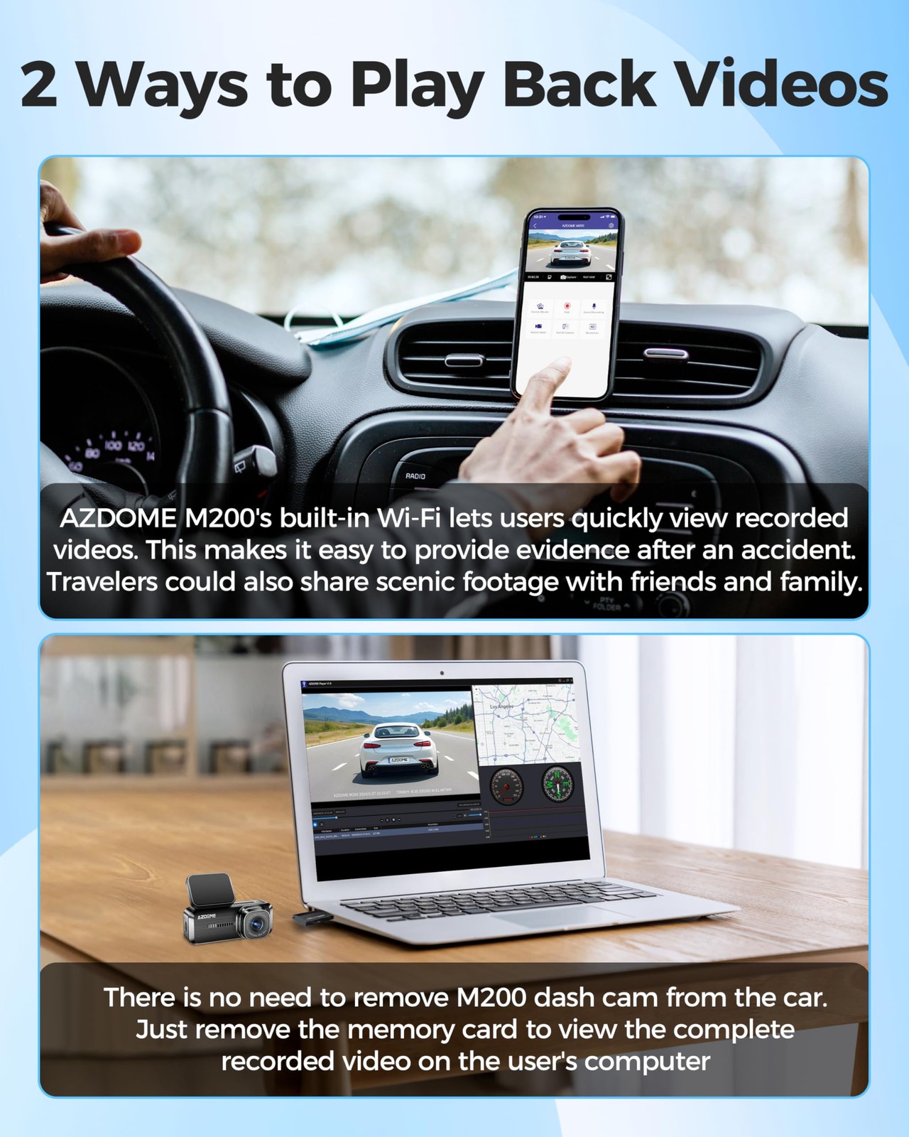 Azdome M200 Mini 1080P WiFi Dash Cam for Cars, Hidden Front Dash Camera