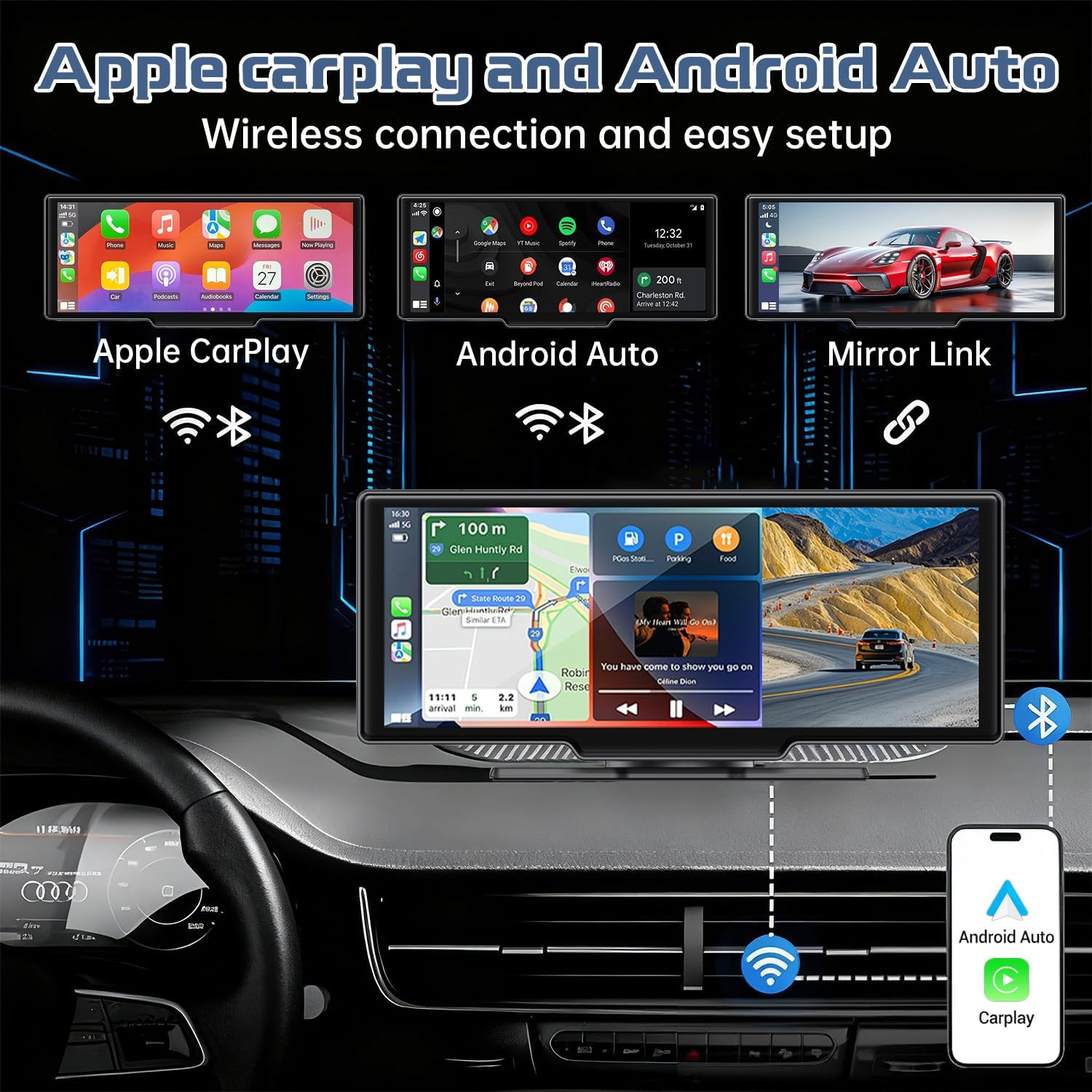 10.26″ Wireless Carplay Screen with 4K Dash Cam & 1080P Rear Camera | Portable C