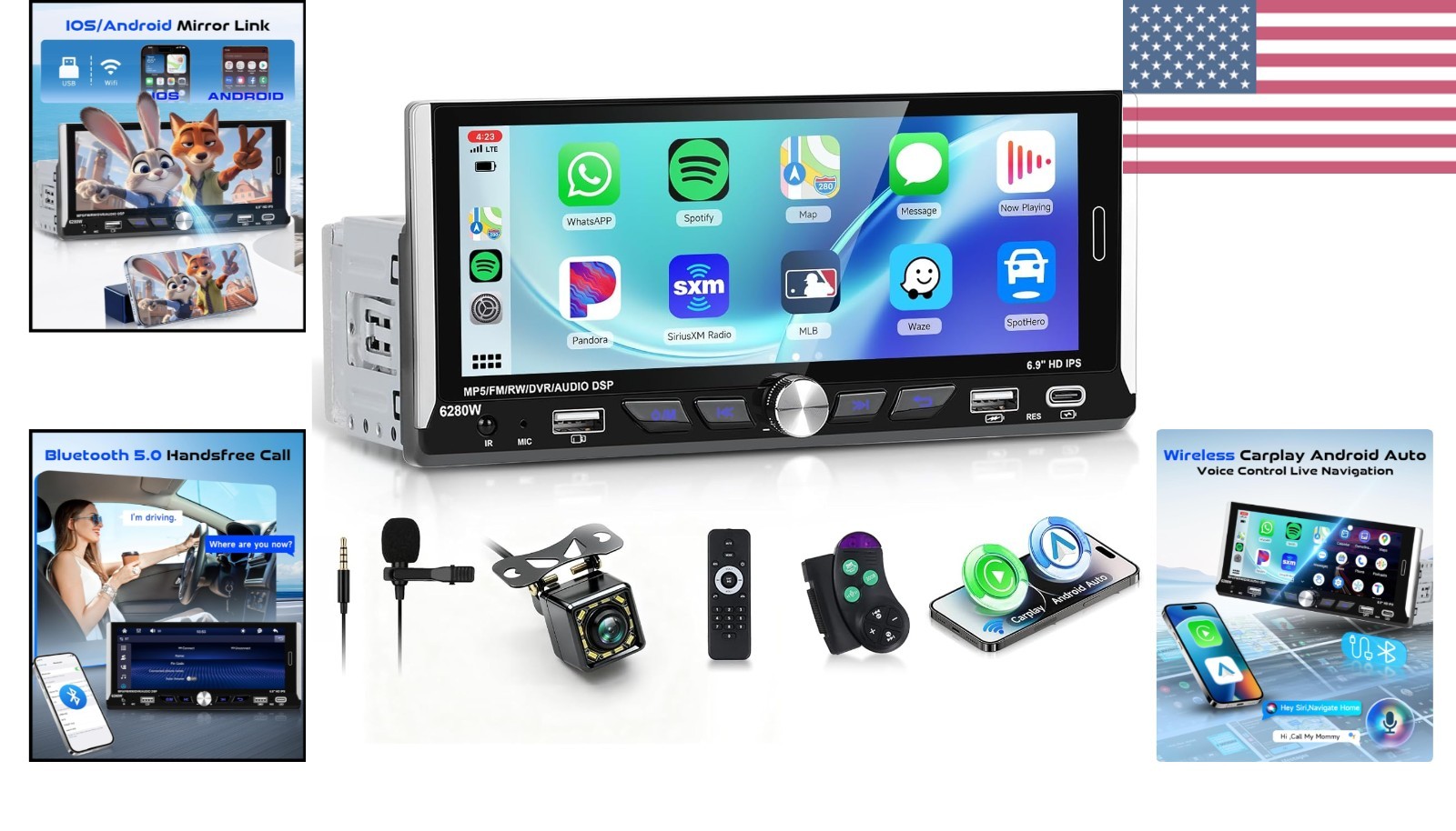 6.9-inch Single Din Car Stereo Wireless Carplay,1280X480P IPS Touch Screen Ca…