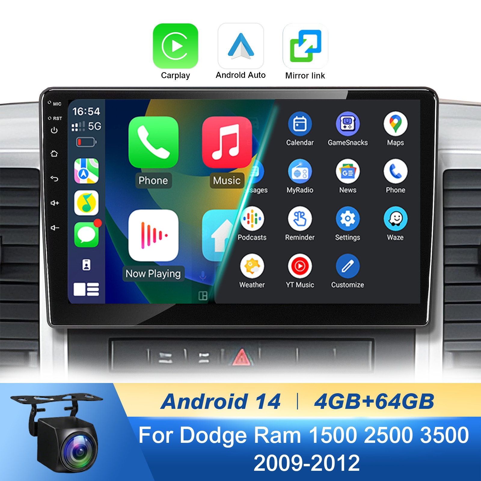 8Core 4+64G Dodge Ram1500/2500/3500 09-12 10.1″ Android14 Radio,CarPlay Auto,SWC