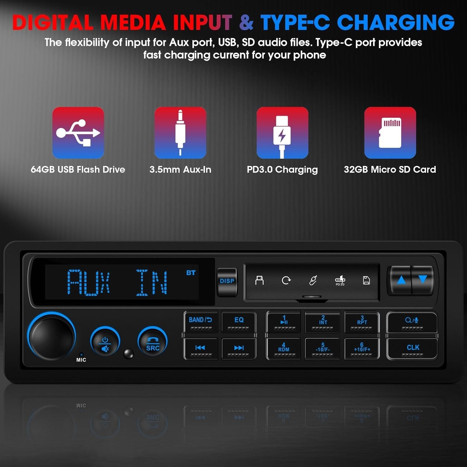 Retro Car Stereo: Bluetooth USB SD AUX USB-C Fast Charge