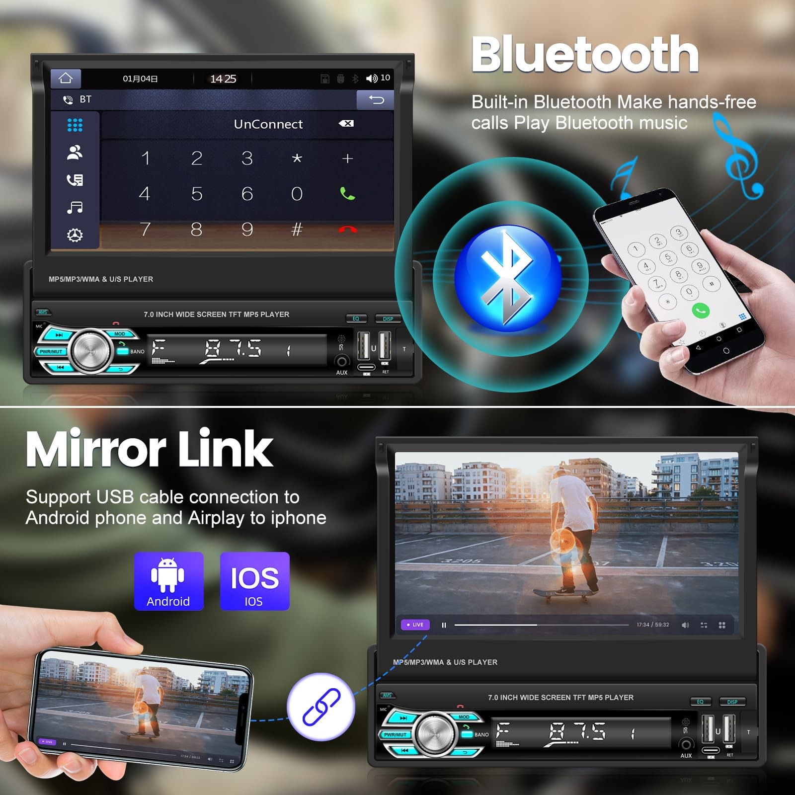 Single Din Car Radio with Bluetooth, Wireless Carplay ＆ Android Auto, 7 Inch …