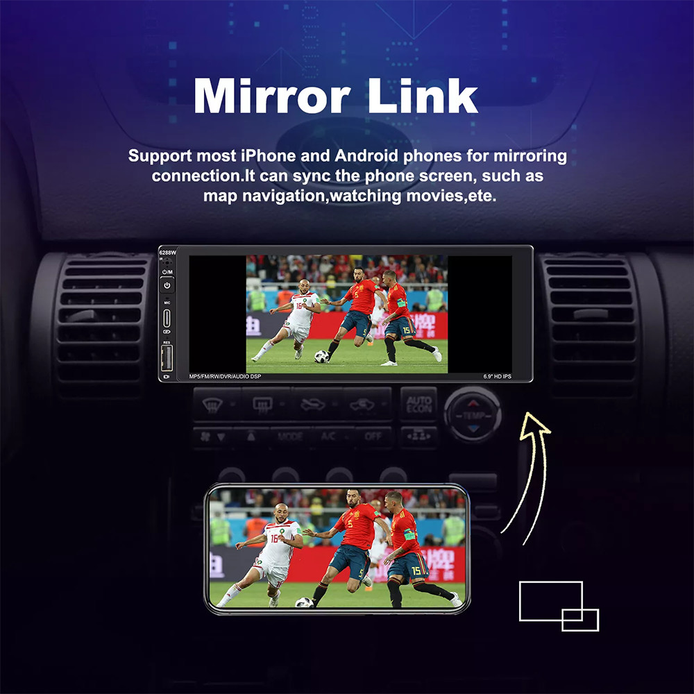 Single 1Din 6.9″Touch Screen Stereo Bluetooth Car Radio Apple/Android Carplay FM