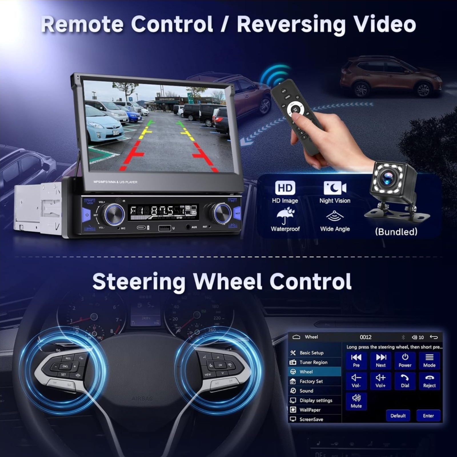7″ Single DIN Flip Out Car Stereo – Wireless CarPlay, Android Auto, Bluetooth 5.
