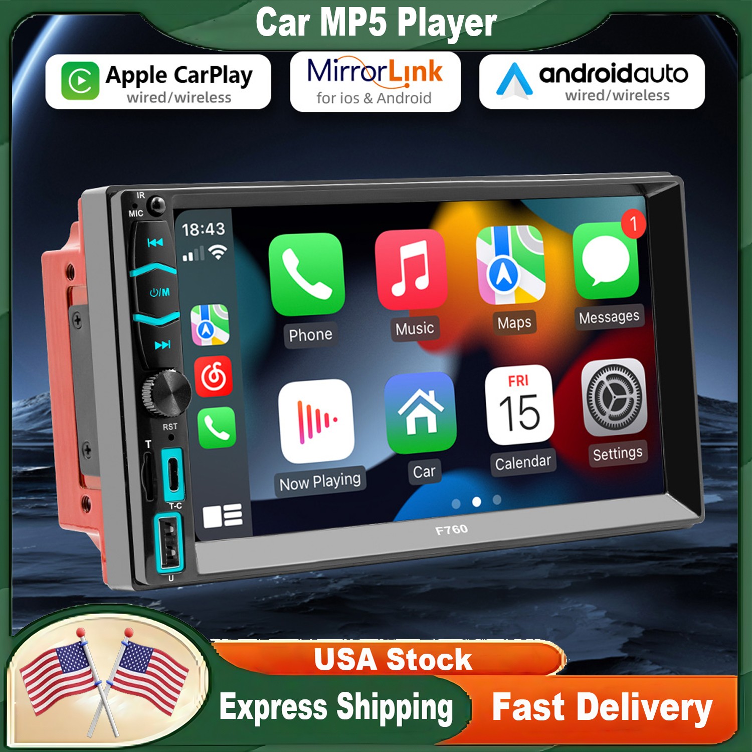 7″ Wireless Car Radio FM Double 2DIN Apple CarPlay Stereo Touch Screen Bluetooth