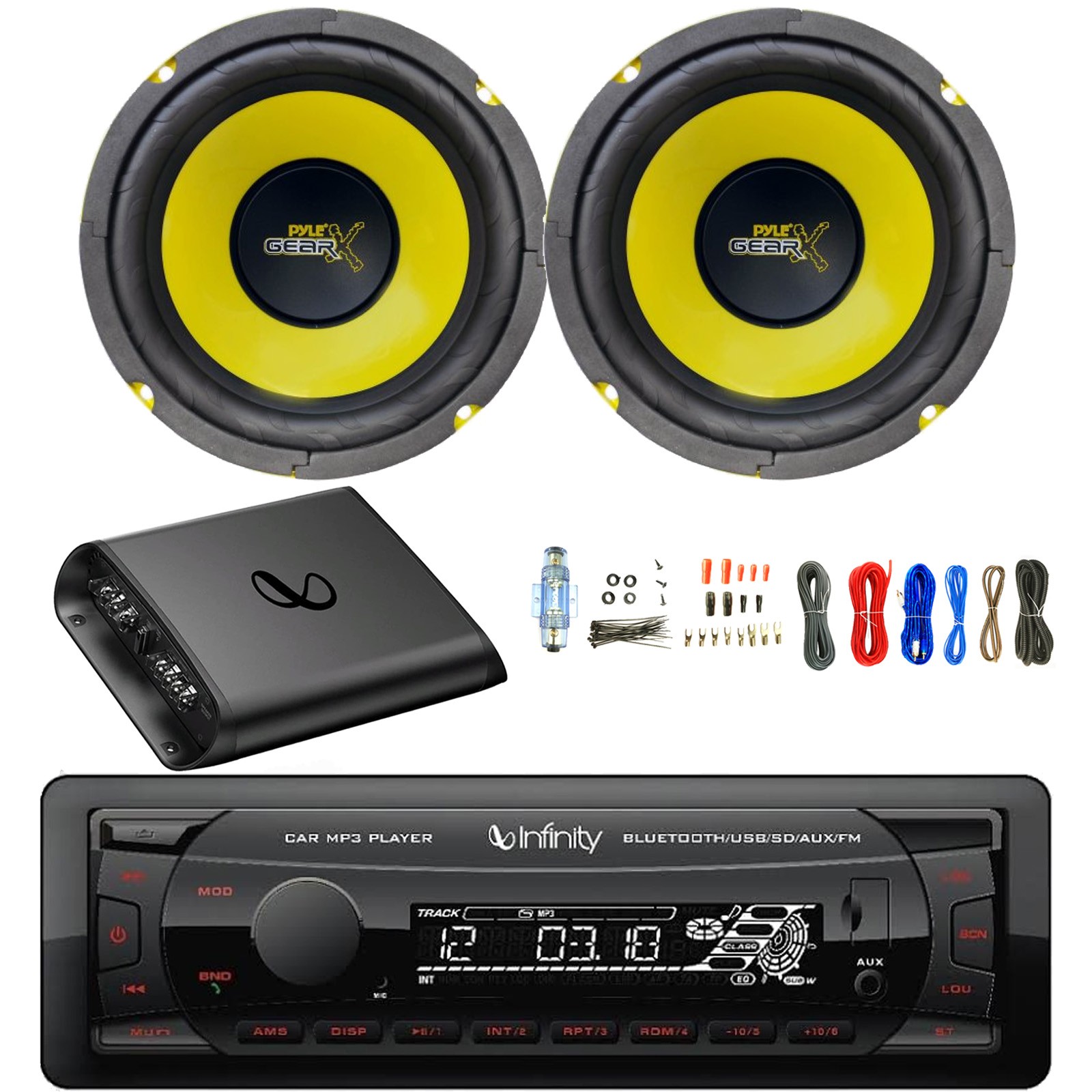 Infinity Single DIN Bluetooth MP3 Receiver, 2x 6.5” 300W Speakers, Amp w/Kit