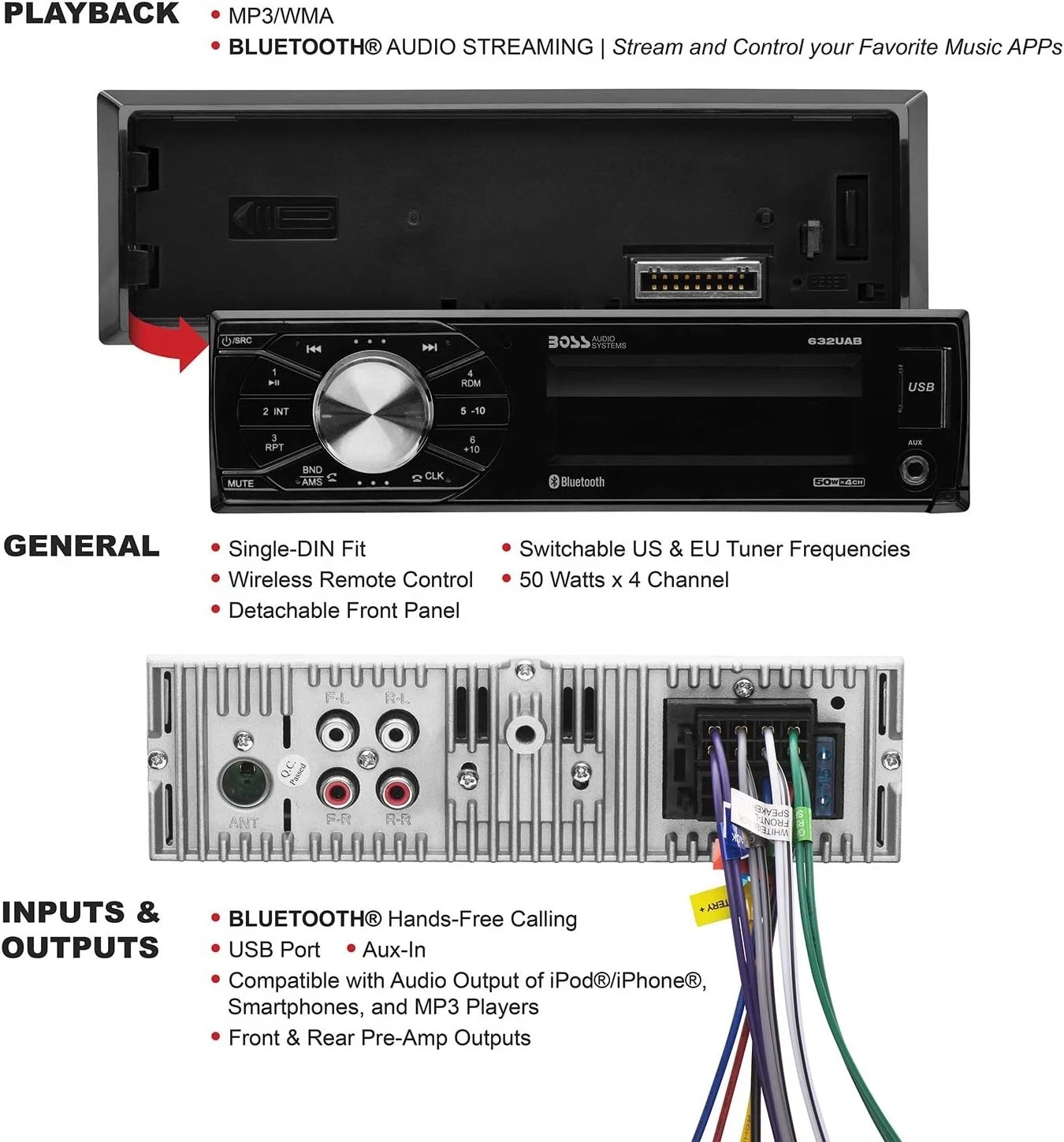 BOSS Audio Systems 632UAB Car Stereo – Single Din, Bluetooth, No CD DVD Black