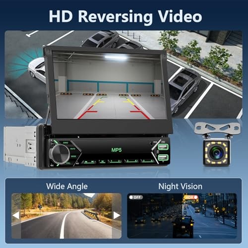 Single Din Car Stereo Wired CARPLAY Android auto, Flip Out Car Radio 7 Inch