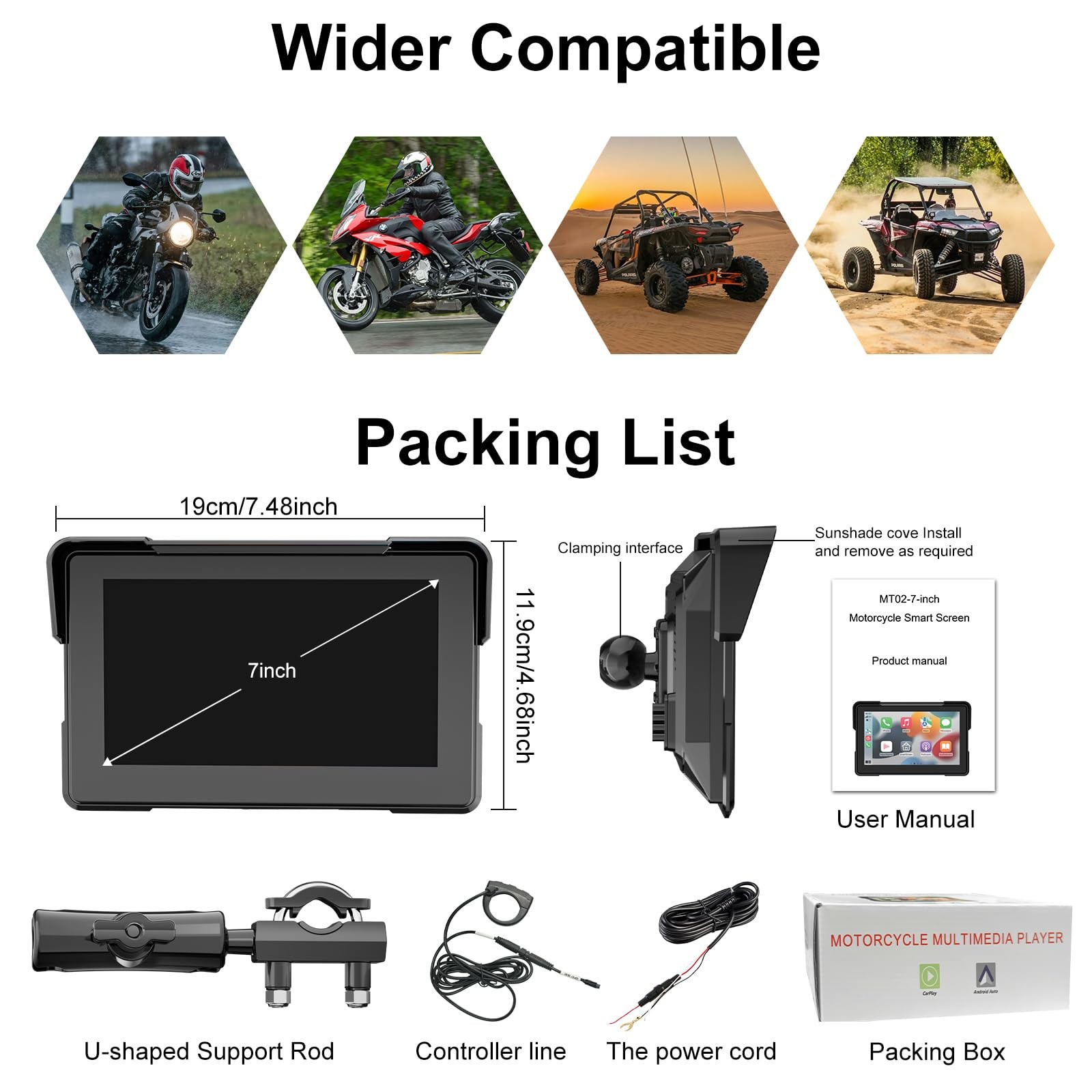 Motorcycle Carplay Screen for Apple carplay & Android Auto, 7″ Portable