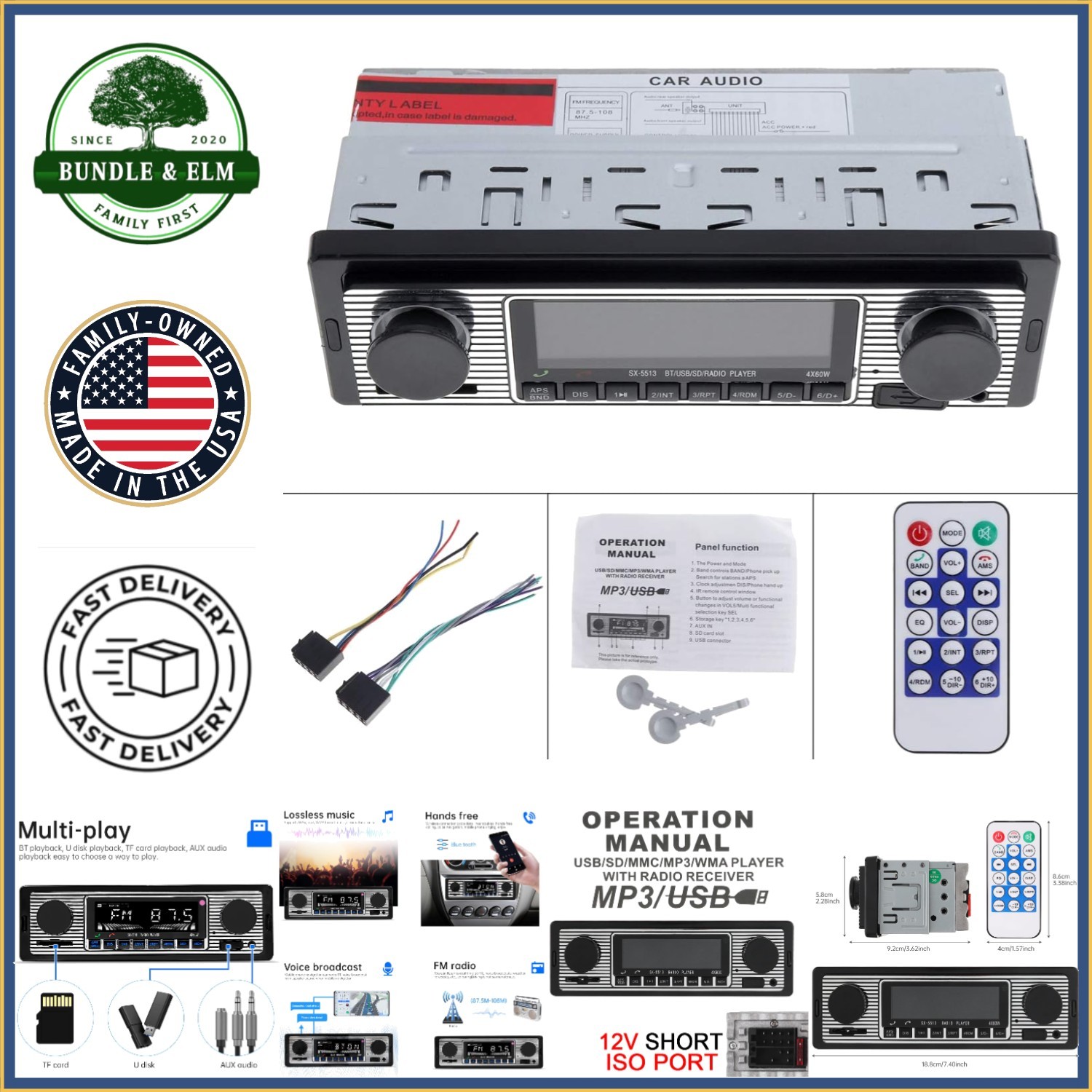 12V Car Audio Receiver with Bluetooth, USB/SD Support and EQ Scene Selection