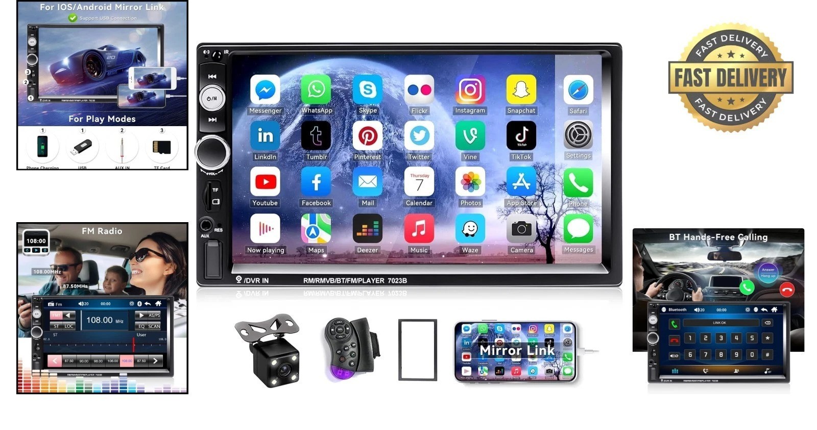 7″ Bluetooth Car Stereo MP5 Player with Touchscreen & Backup Camera Package
