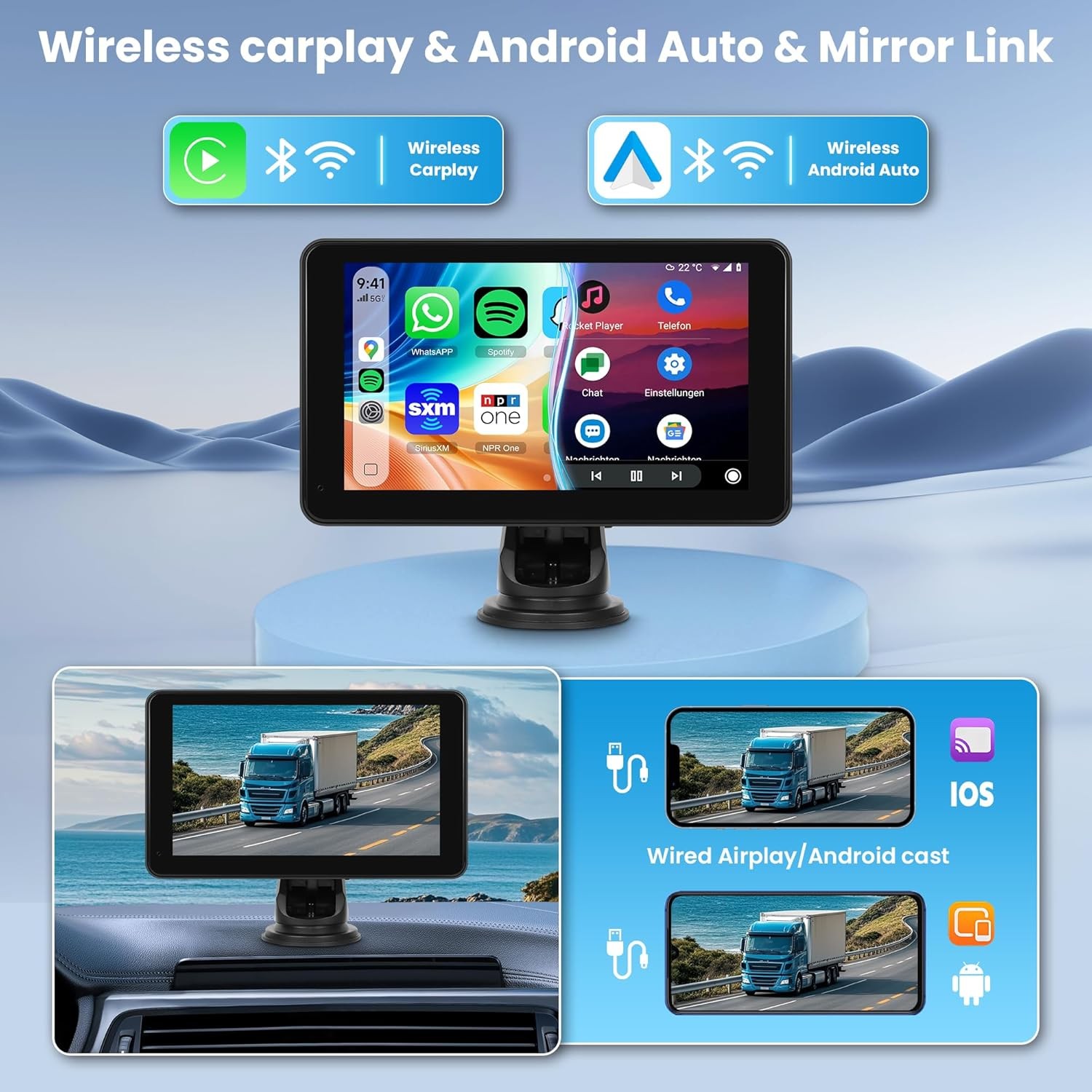 7″ PND Portable Car Player Wireless CarPlay Android Auto BT with Rearview Camera