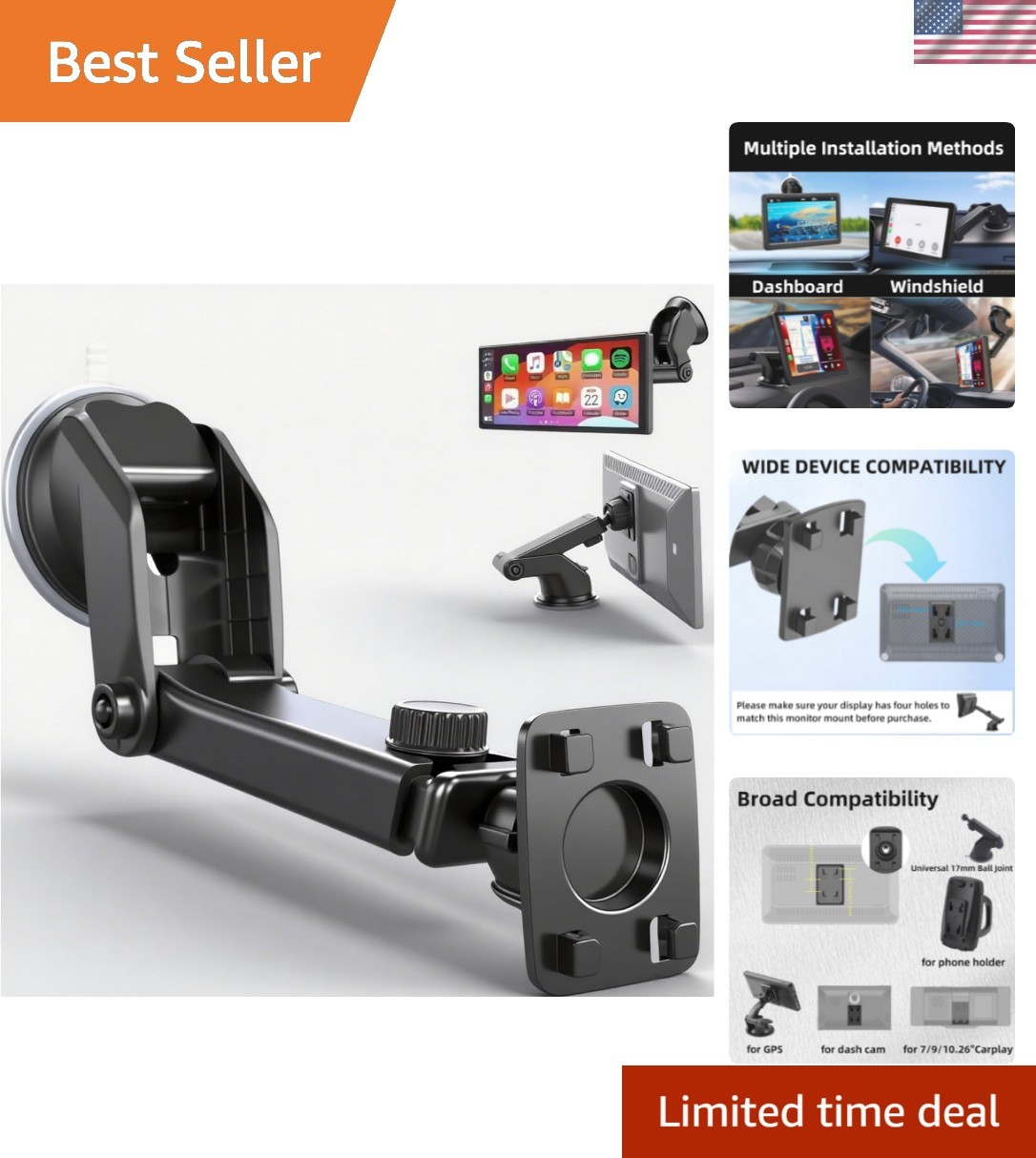 Flexible Dashboard Suction Cup Mount for 4.3”-10.26” Carplay & GPS Devices