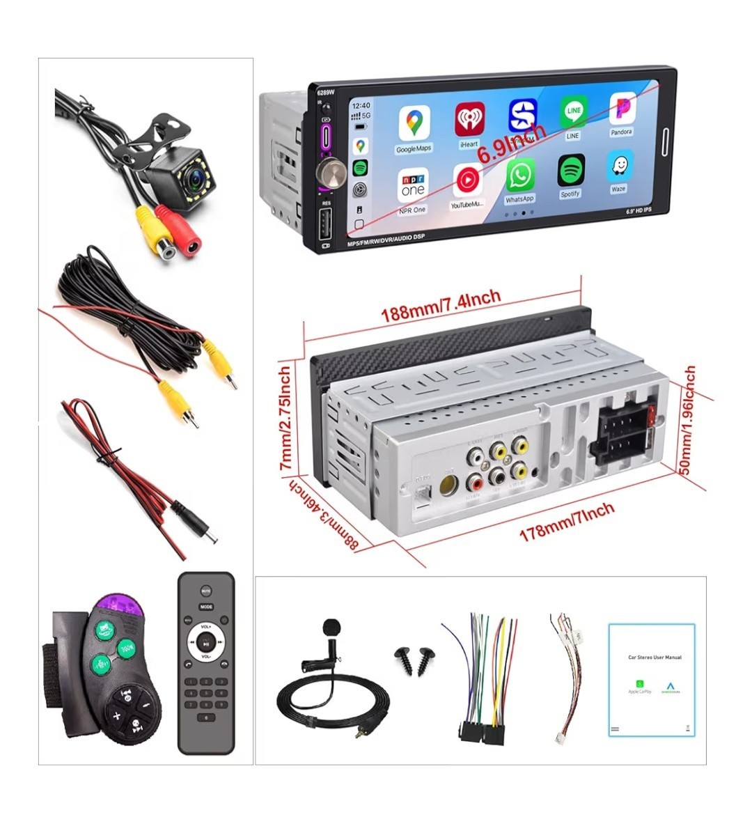 6.9″ Single DIN Car Radio with Wireless Apple CarPlay, Car Bluetooth 5.2, AM FM