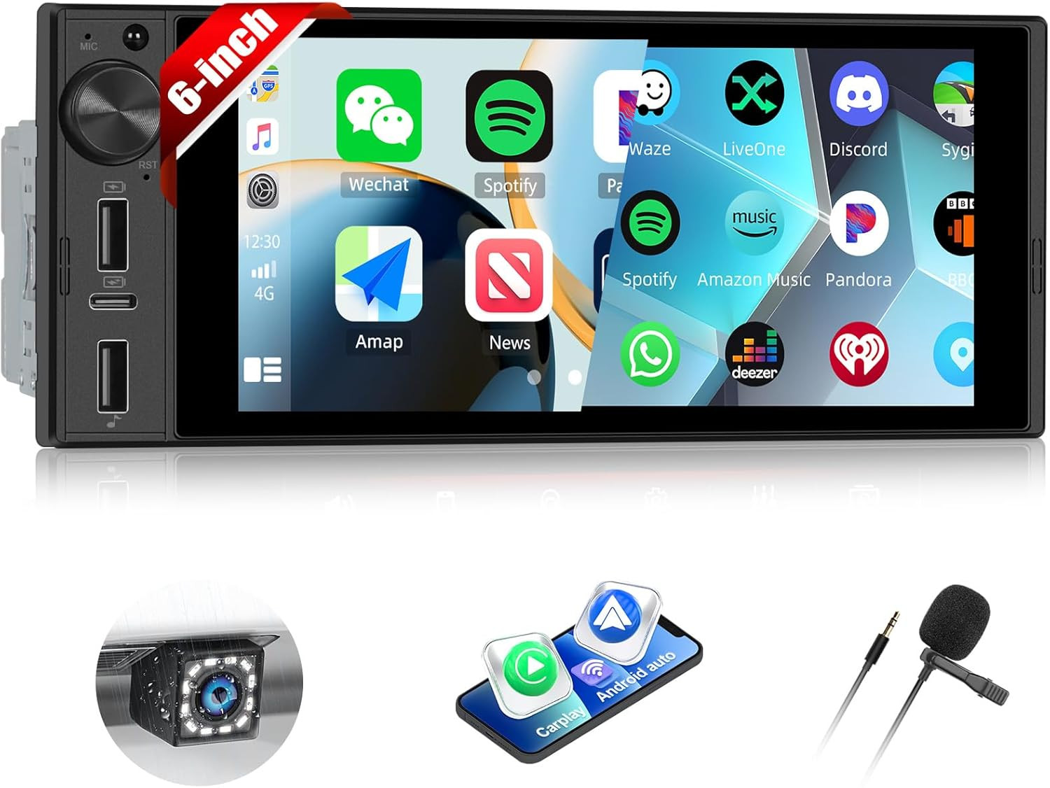 Single Din Car Stereo with Wireless Carplay&Android Auto,6 Inch 1 Din Touchscree