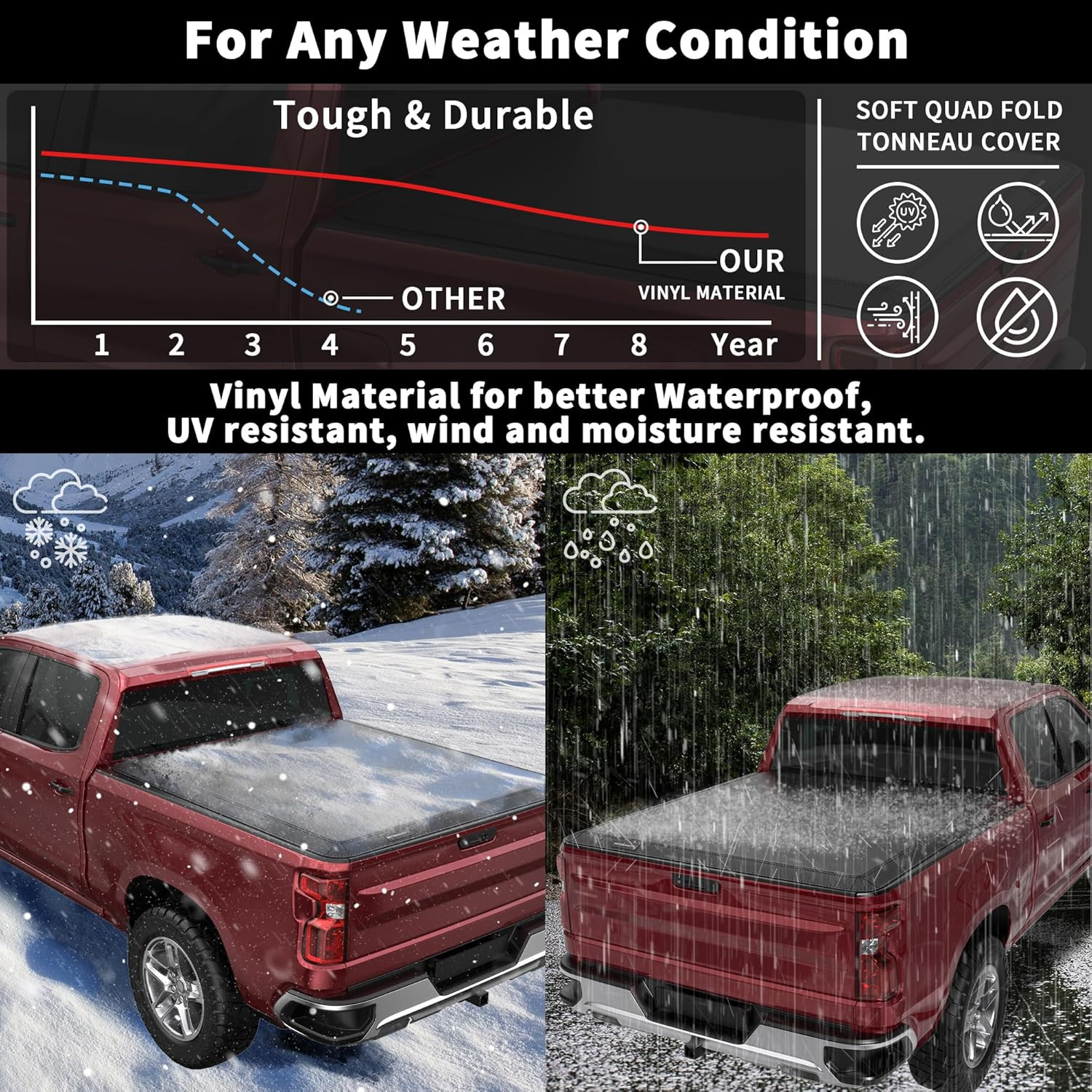 5.5FT Soft Quad Fold Truck Bed Tonneau Cover Compatible for 2014-2026 Toyota Tun