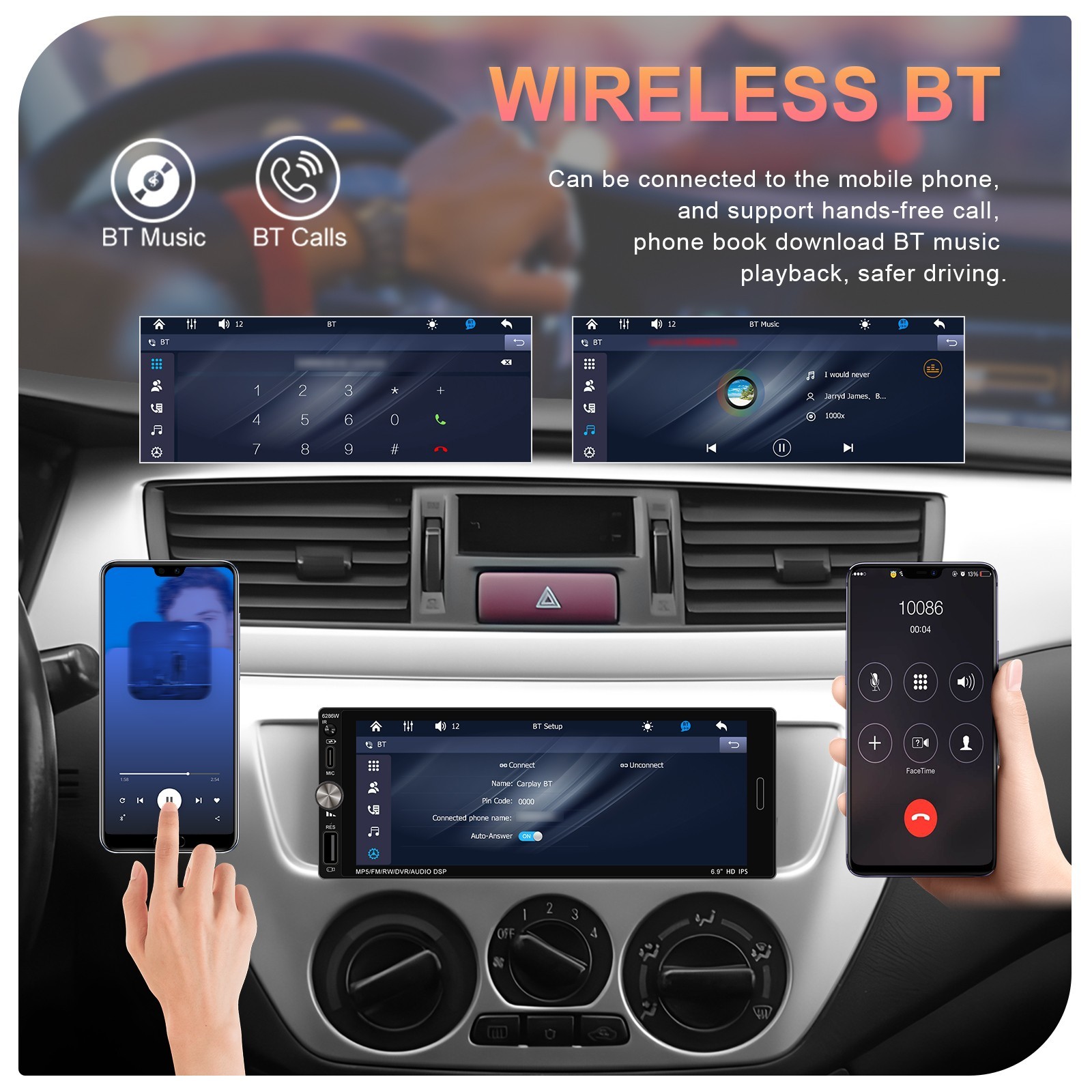 Single 1 Din Car Stereo Wireless CarPlay 6.8″ Touchscreen Bluetooth Radio FM USB