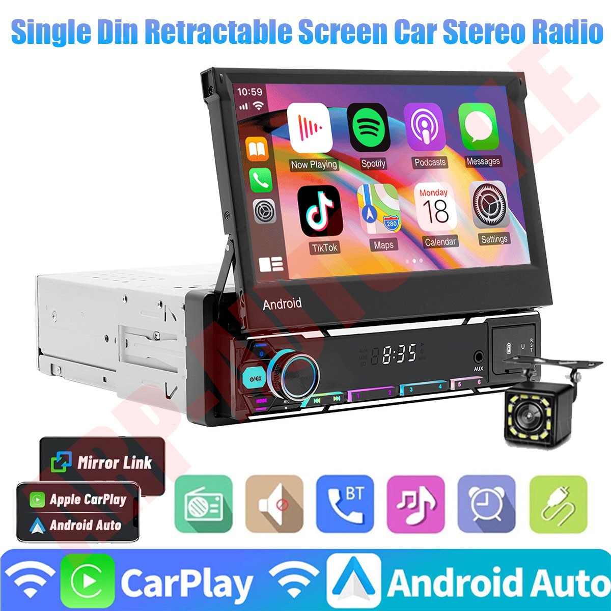 7” Single Din Android 15 Retractable Screen Car Stereo Radio GPS WIFI Carplay