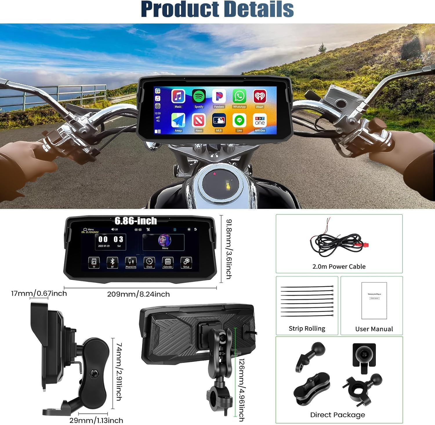 6.86 Inch Motorcycle Carplay Screen with Wireless Carplay & Android Auto, IP68 W