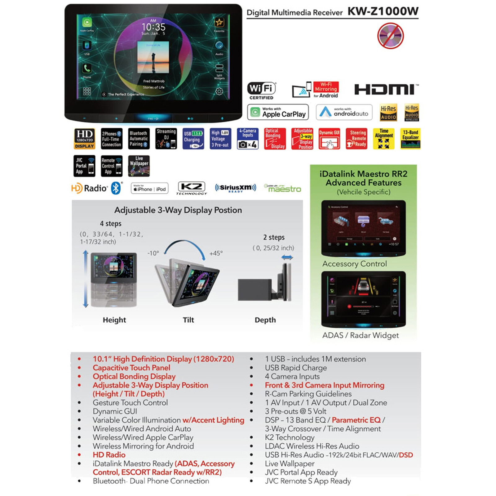 JVC KW-Z1000W HD Radio AM/FM Stereo USB Bluetooth Digital Media 10.1″ Receiver