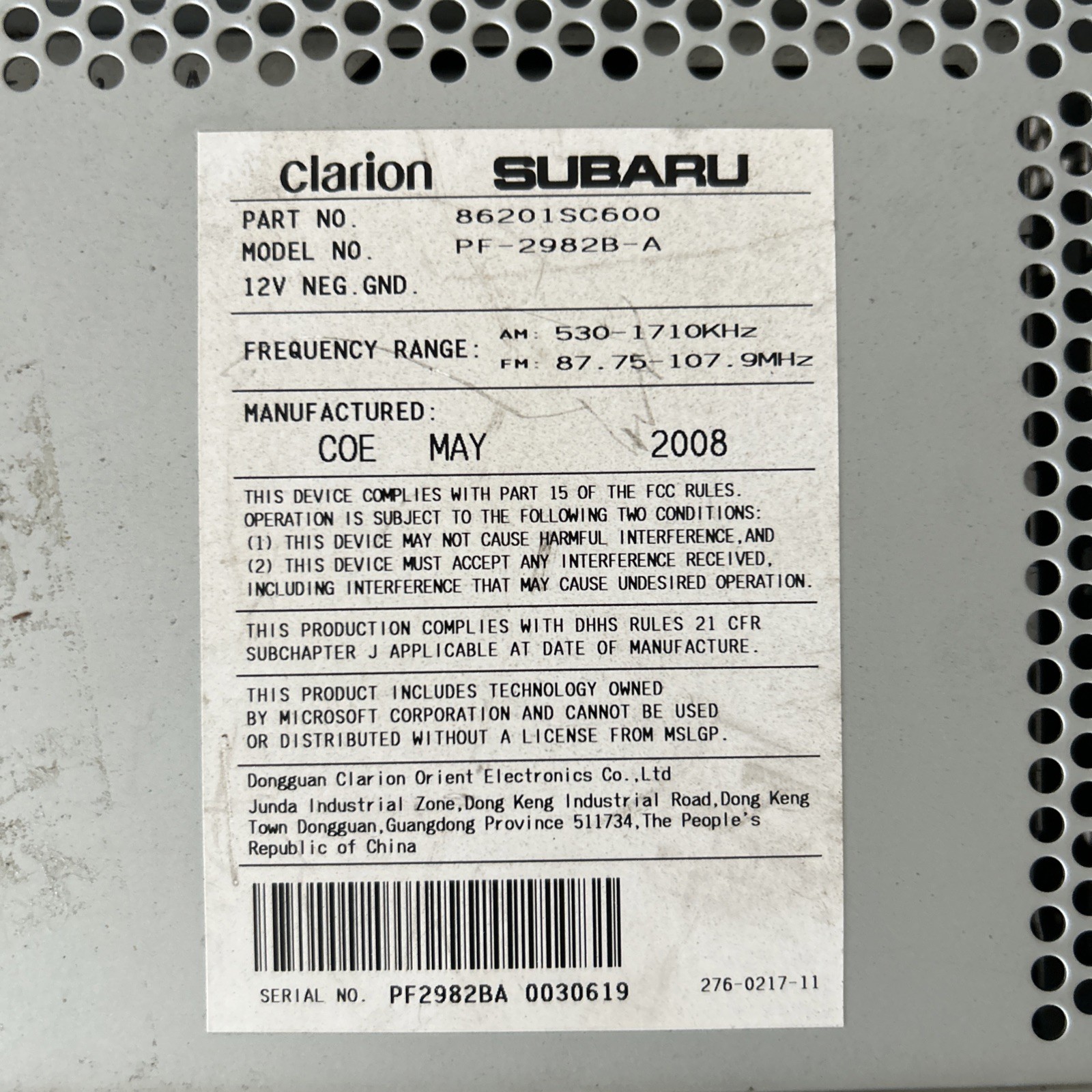 2008-2009 Subaru Clarion OEM Radio Stereo CD Player 86201SC600 Model PF-2982B-A