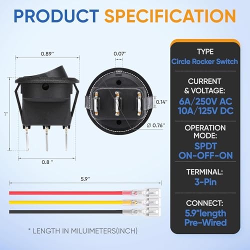 12V Round Rocker Switch – DC ON/Off/ON – 3 Pack – 3 Positions