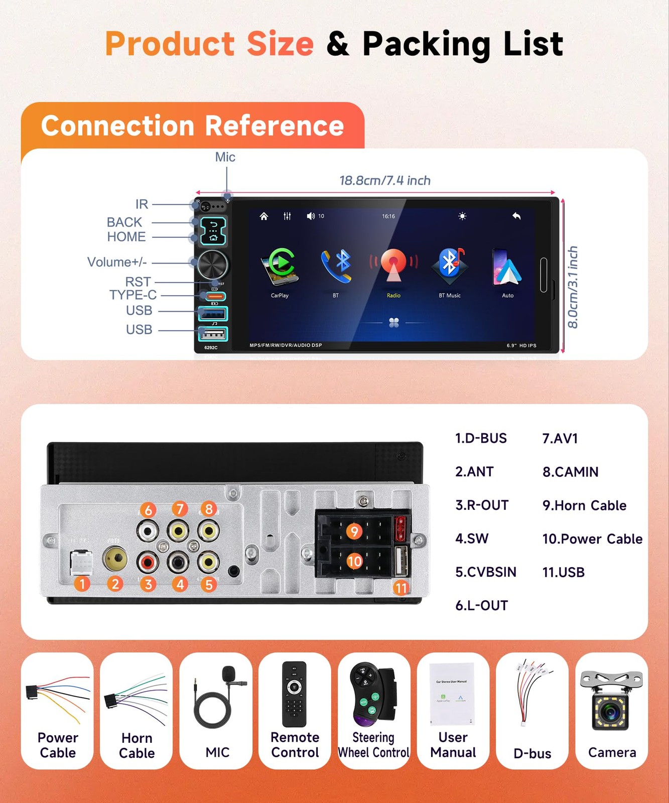 6.9 inch Single Din Car Stereo Wired Carplay Android Auto Car Radio with Blue…