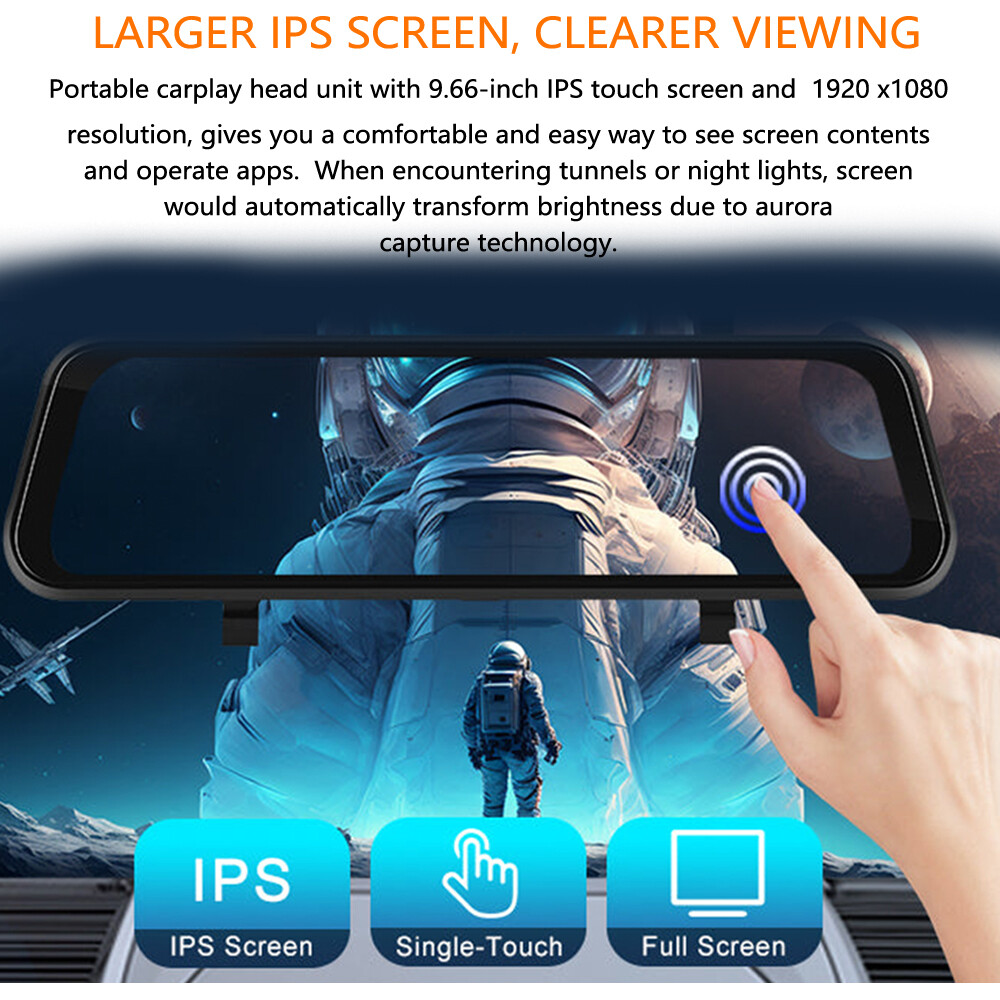 Portable 9.66″Dash Cam Mirror Link Wireless CarPlay Android Auto GPS Dual Camera