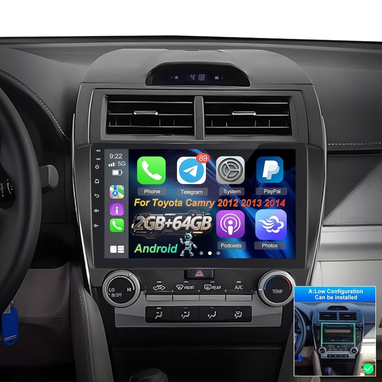 10.1″ 64G Android Auto Carplay Stereo for Toyota Camry 2012-2014; Non-JBL