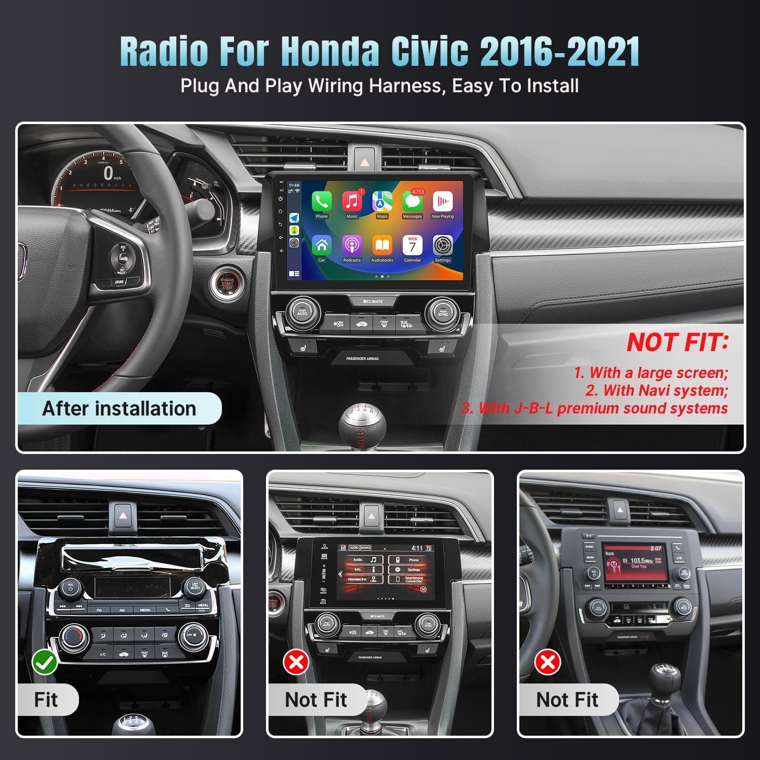 Apple Carplay For Honda Civic 2016-2021 Android 12 Car Stereo BT Radio Gps Wifi