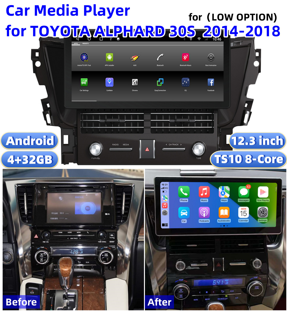 Car Stereo Player for TOYOTA ALPHARD 30S 2014-2018 Carplay BT WiFi FM Radio GPS