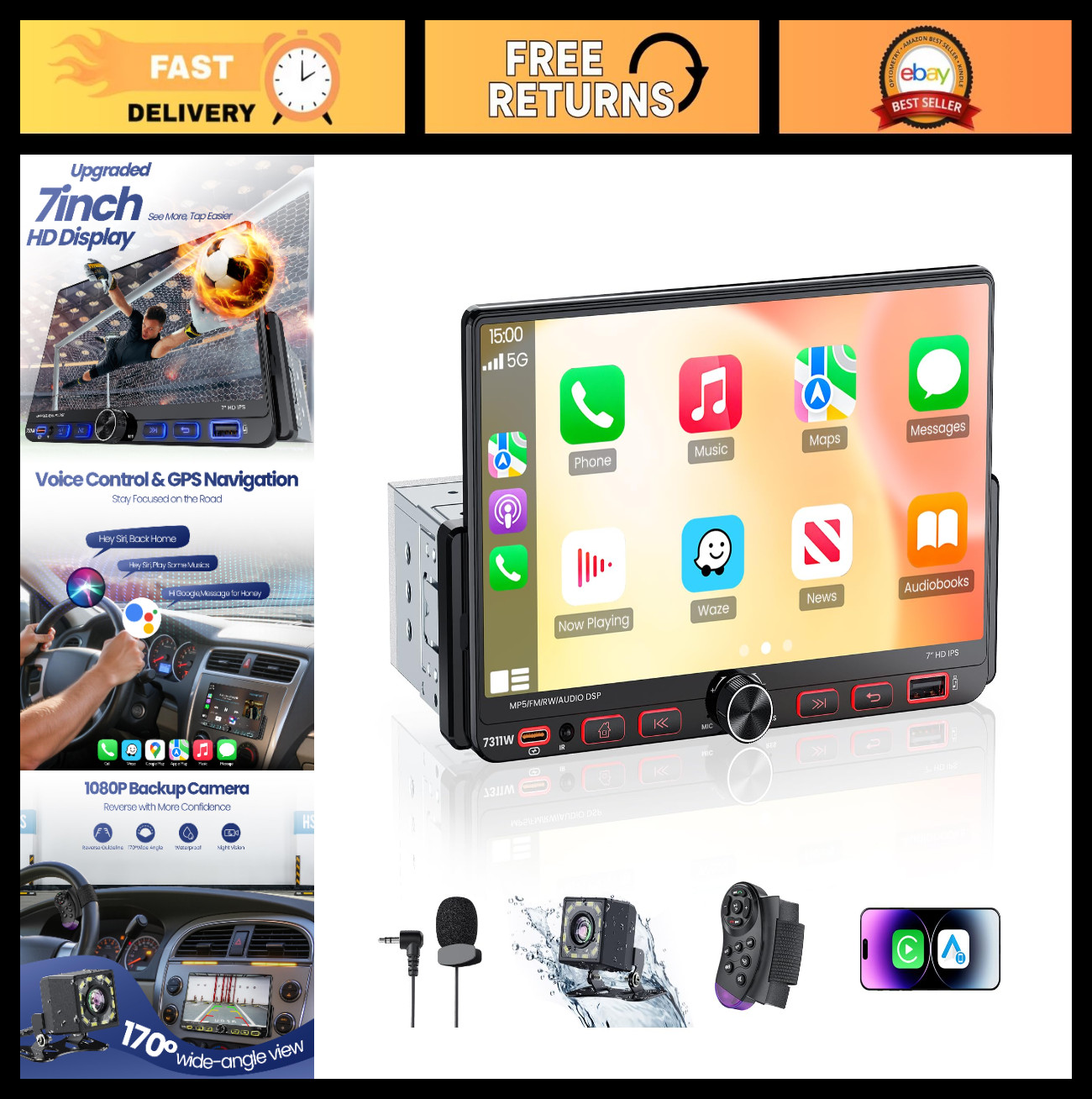 7” Single Din Car Stereo with Apple CarPlay, Android Auto, Bluetooth 5.3, 1080P