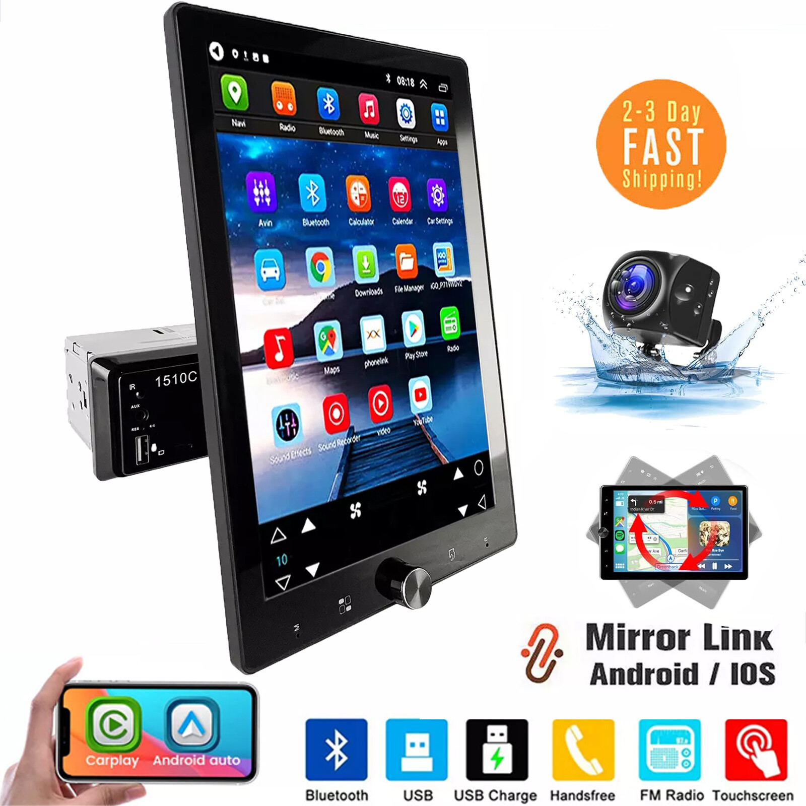 10.4″ Single DIN Touch Screen Stereo Bluetooth Radio Apple/Android Carplay + CAM
