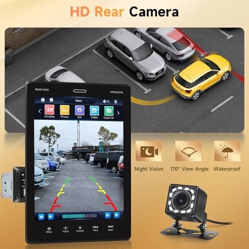 9.5″ CarPlay Android Auto Single DIN Stereo – Bluetooth Touchscreen Radio, Backu